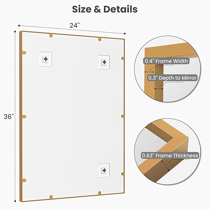 24''x36'' Gold Bathroom Mirror | Antique Brass Deep-Set Recessed Metal Frame |