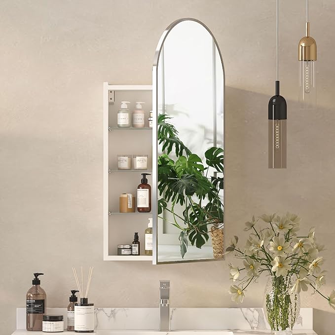 Arched Medicine Cabinets with Mirror, Wall Mounted Brushed Nickel Mirror Cabinet