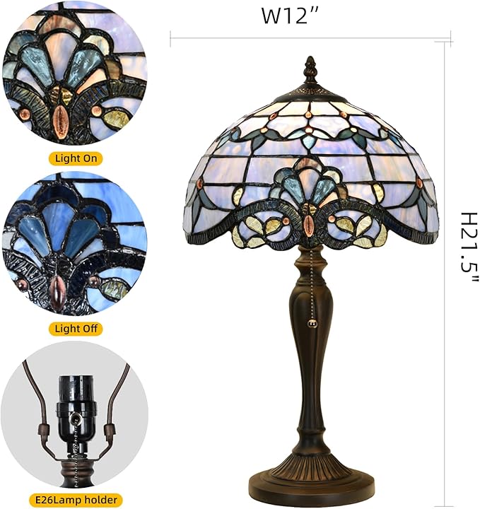 TL0015 Blue Baroque Tiffany Table Lamp Stained Glass Reading Desk Light 12 X 20 Inches for Bedroom Living Room, Handcrafted Artwork for Home Office, LED Bulb Included (Blue Baroque)