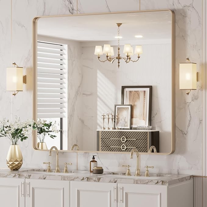 LOAAO 40”X36” Gold Bathroom Mirror, Rounded Rectangle Gold Frame Mirror