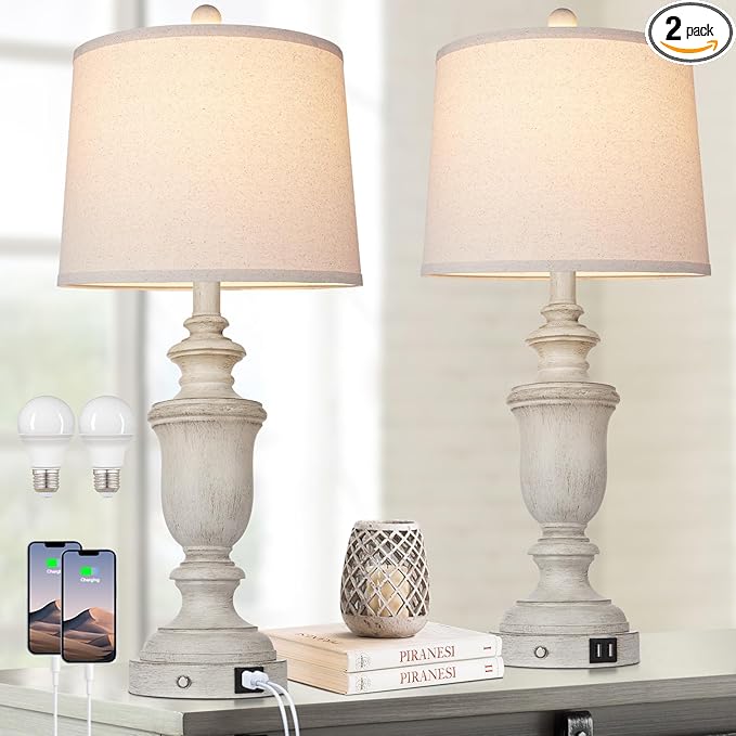 Farmhouse Table Lamps Set of 2 with USB Charging Port for Rustic Living Room Retro Bedroom,3-Way Dimmable Touch Lamp Resin Bedside Lamps for Nightstand Side End Table,Color 2