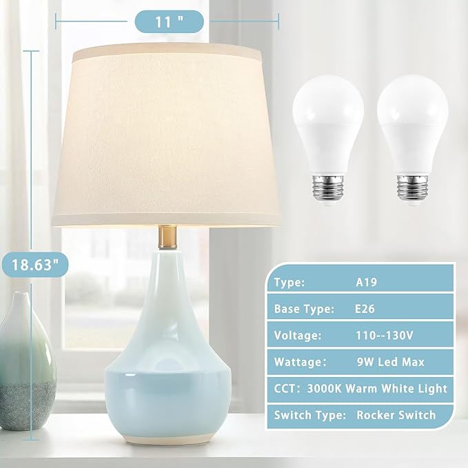 GyroVu Table Lamp Set of 2, 18.63” Ceramic Lamp Classic Beside Lamps Nightstand Lamp Modern Cute Lamp for Living Room, Bedroom & Office Rocker Swtich Sky Blue-LED Bulbs Included