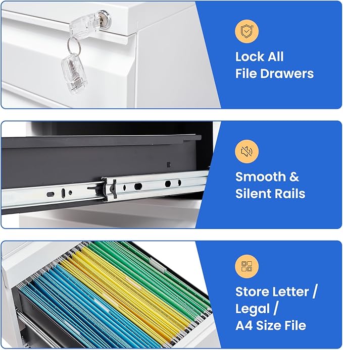 MIIIKO White Filing Cabinet 3 Drawers on Wheels Under Desk, Metal Rolling File