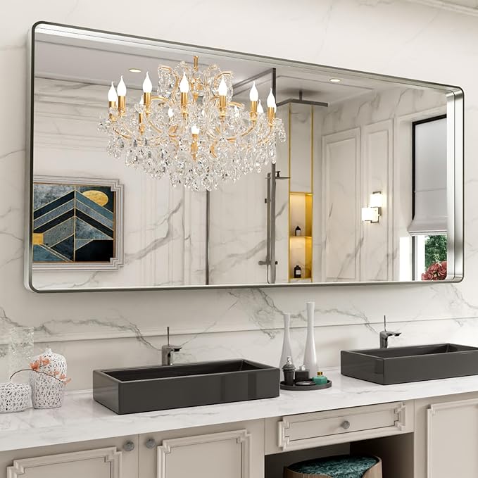 LOAAO 72X32 Inch Brushed Nickel Bathroom Mirror, Rounded Rectangle Silver Metal