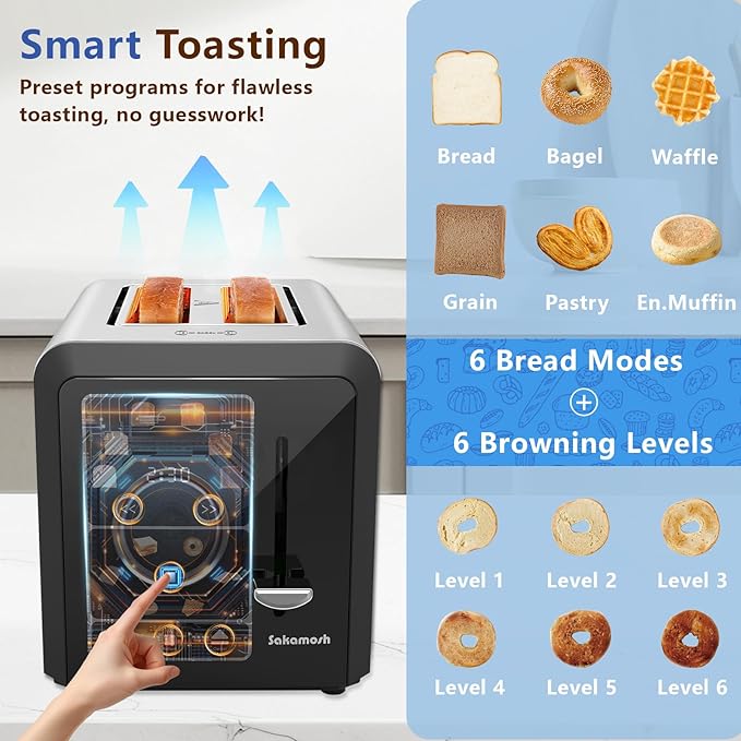 Touch Screen Toaster 2 Slice, Smart Digital Toasters, 6 Browning Levels & 6