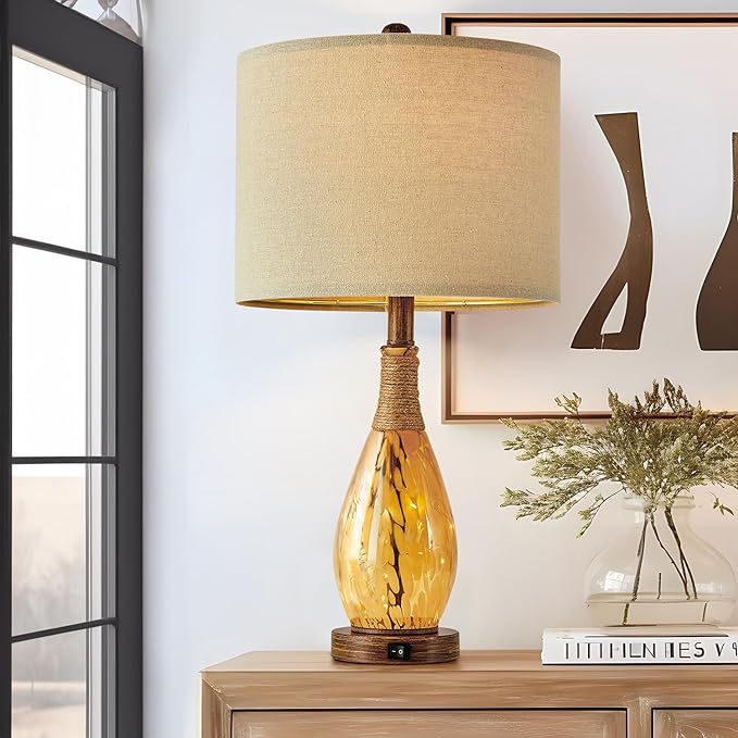 OYEARS 23" USB A+C Table Lamp for Bedroom Living Room Modern Bedside Lamps Retro Farmhouse Rattan Glass Nightstand Nightlight Lamps (Amber),Two Light Points