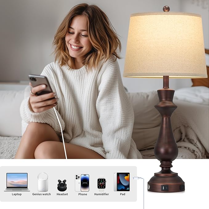 Vintage Table Lamps Set of 2 for Living Room,30" Tall Bedside Lamp with USB Charging Port,3-Way Dimmable Touch Nightstand Lamp for Bedroom Desk Side Table Office,Brown