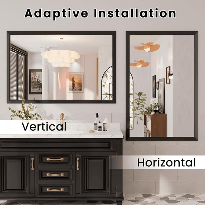 Amorho Bathroom Mirror Black, 60x40 Inch Thick Metal Framed Wall Mirrors