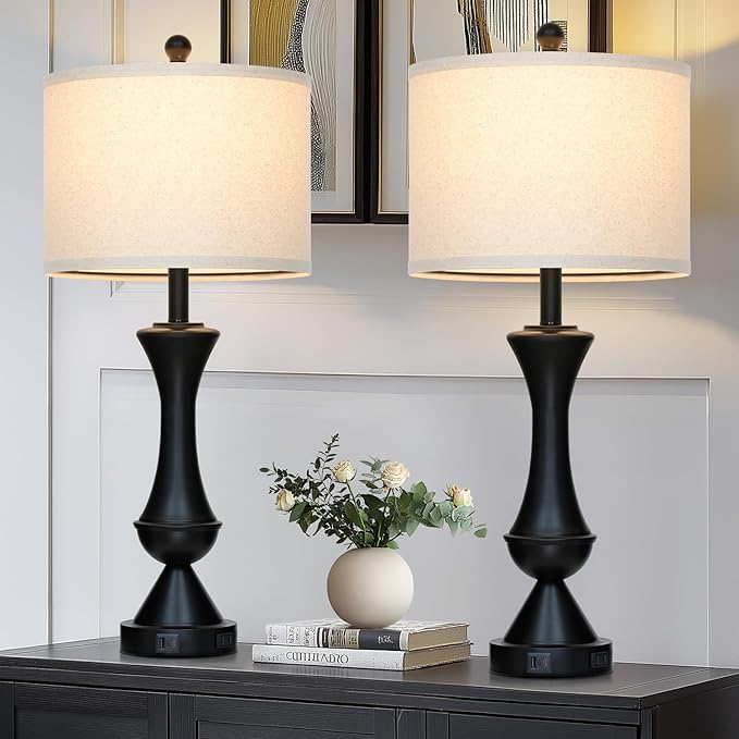 29" Black Tall Table Lamps for Living Room, Touch Control Bedroom Lamp with USB A+C Ports, 3-Way Dimmable Bedside Table Lamps Set of 2, Modern Metal Lamp for Nightstand