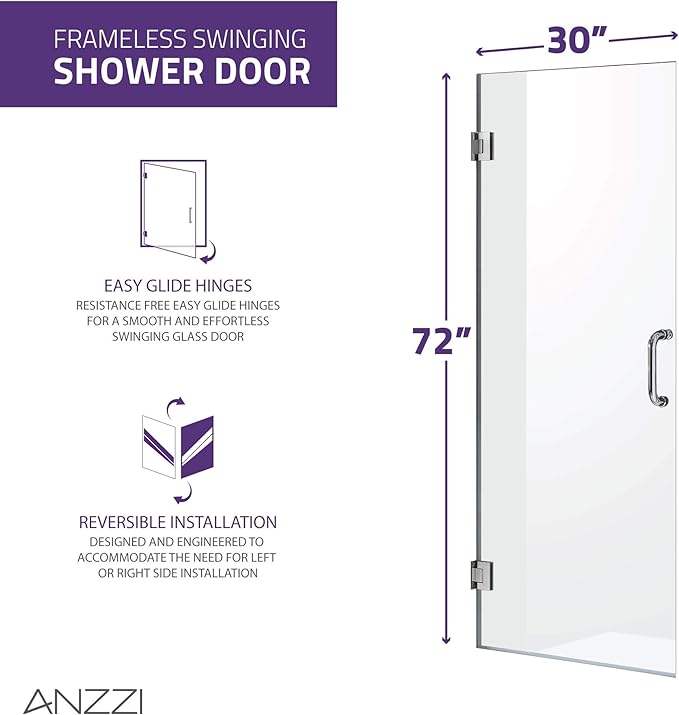 ANZZI 72" x 30" Frameless Shower Door in Polished Chrome, Water Repellent Glass