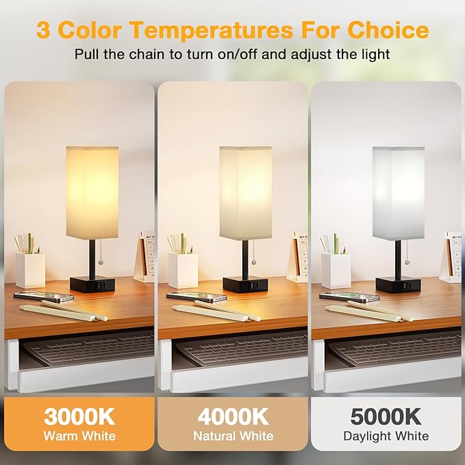 Gray Small Bedroom Lamp - 3 Color Temperature 3000K 5000K 4000K Bedside Lamp, Pull Chain Control, USB A and C Charging Ports, Black Base, for Kids Office Dorm, Bulb Included