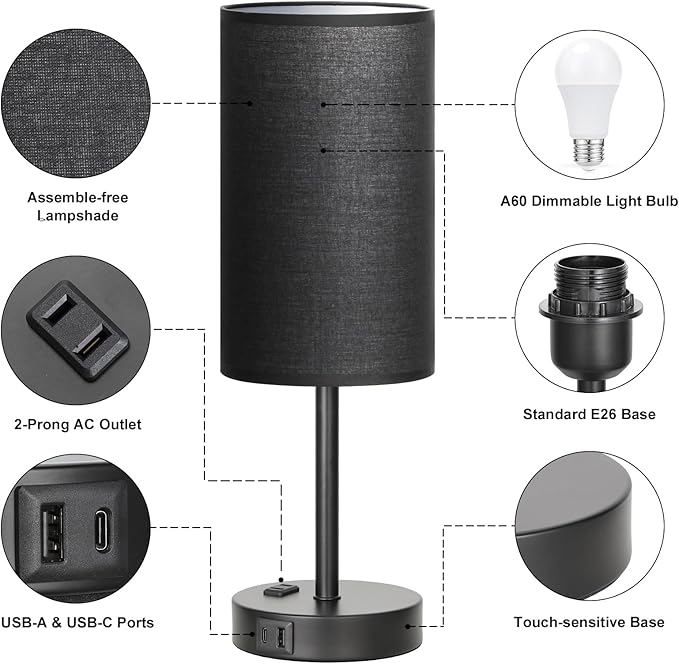 Fenmzee Touch Nightstand Lamp - Black, 3-Way Dimmable, USB A + C Charging, AC Outlet, 17.4inch Medium
