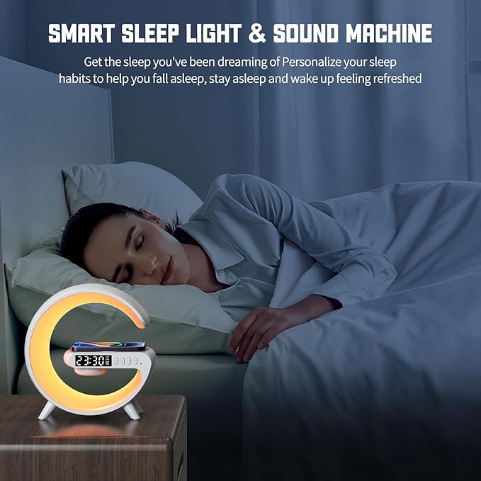 Smart LED Table Lamp, 4-in-1 Wireless Charger Smart Atmosphere Lamp, Night Light, Bluetooth Speaker & Alarm Clock for Bedroom, Office, and Home Decor(White)