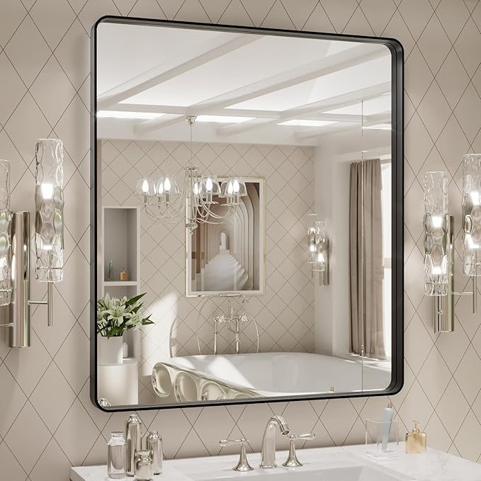 LOAAO 32x36 Inch Black Metal Framed Bathroom Mirror