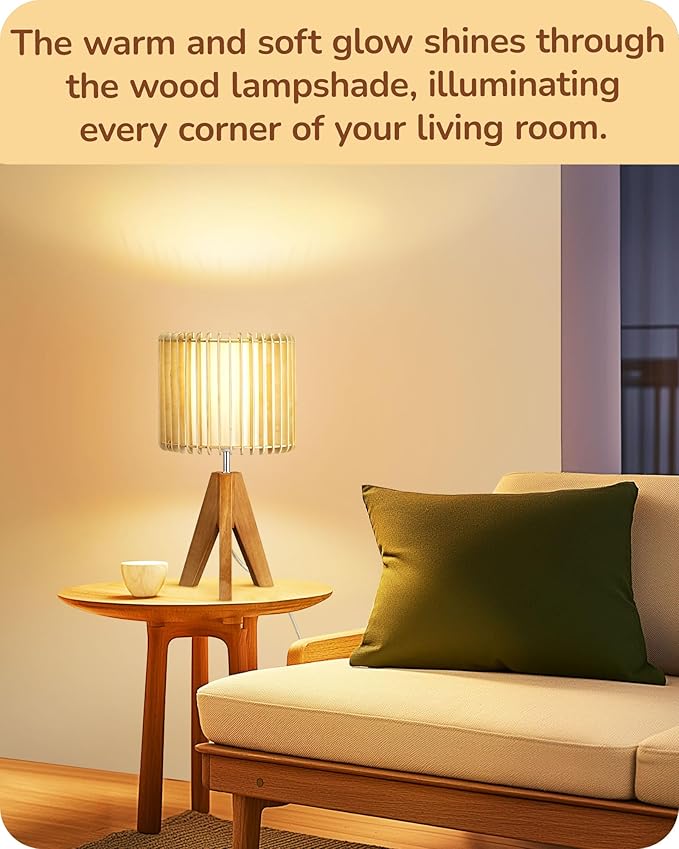 EDISHINE 14.17" Small Table Lamp, Wood Tripod Bedside Lamp, Natural Wood-Colored Hollow & White PVC Shade, E26 Base, Boho Nightstand Lamp for Bedroom, Living Room, Office, Study