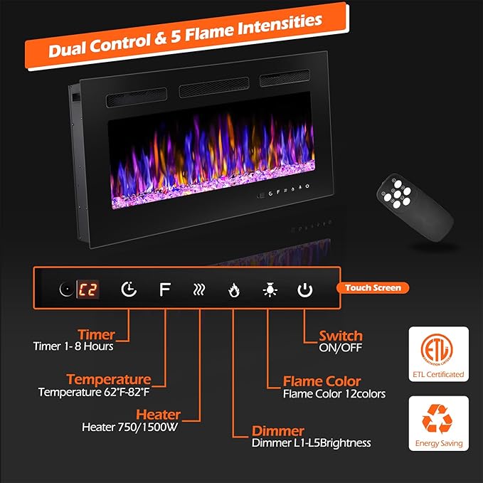 30" Electric Fireplace Wall Mounted and Recessed