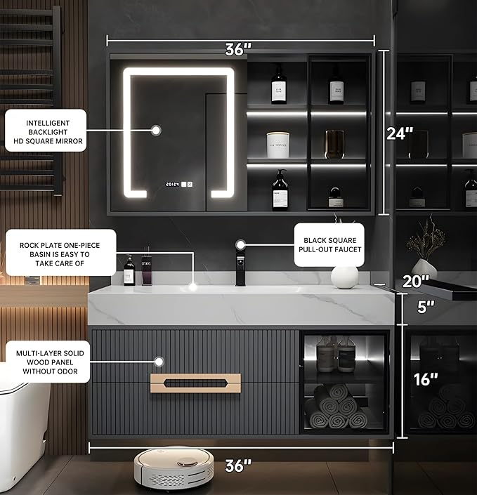 Floating Bathroom Vanity with Sink, 36IN Bathroom Vanities Cabinet Includes LED