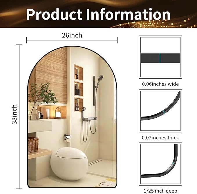 26x38 inch Black Tempered Glass Large Arched Mirror