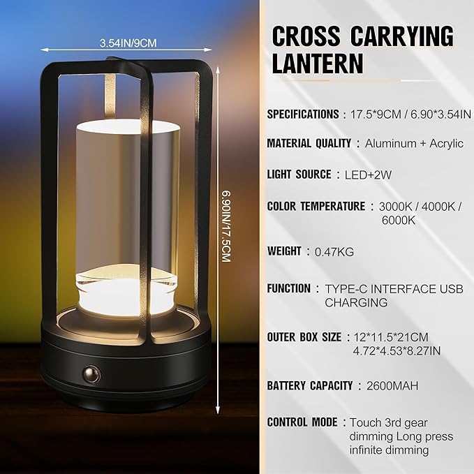 Portable Metal Table Lamp,Cordless Table Lamp, Rechargeable Battery Operated Lights, LED Table Lamps, 3 Color Stepless Dimming Touch, for Bedroom Restaurant Home Outdoor (Black)