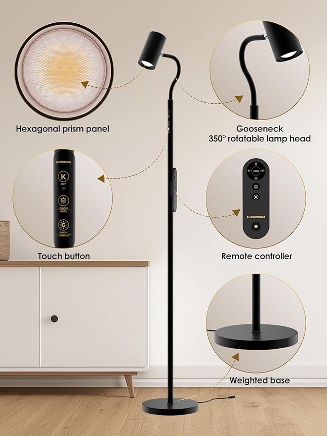 Dual-Side Floor Lamp for Living Room, 17W Tall Standing LED Lamp with Remote, 5 Color Temps & RGB Ambient Modes, Dimmable Reading Lamp with Gooseneck, Modern Black Corner Lamp for Bedroom Home Office