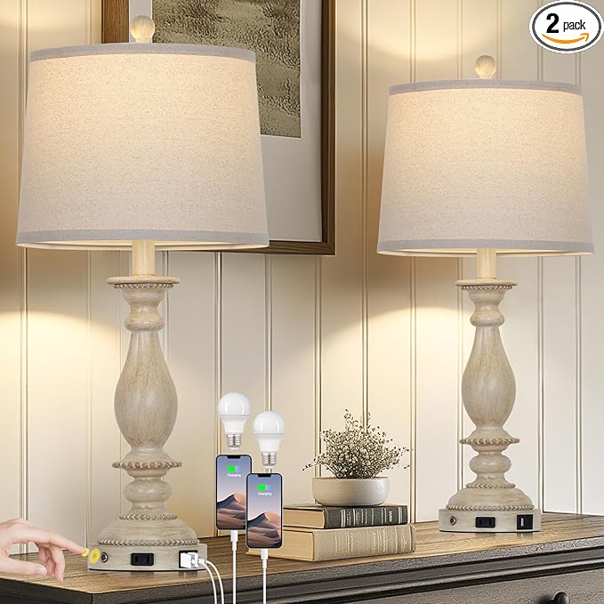 28" Tall Farmhouse Table Lamps for Living Room Set of 2,Vintage Rustic Beige Bedside Touch Lamp with USB C+A Ports & AC Outlet, 3-Way Dimmable Resin Nightstand Lamp for Bedroom Entryway Office