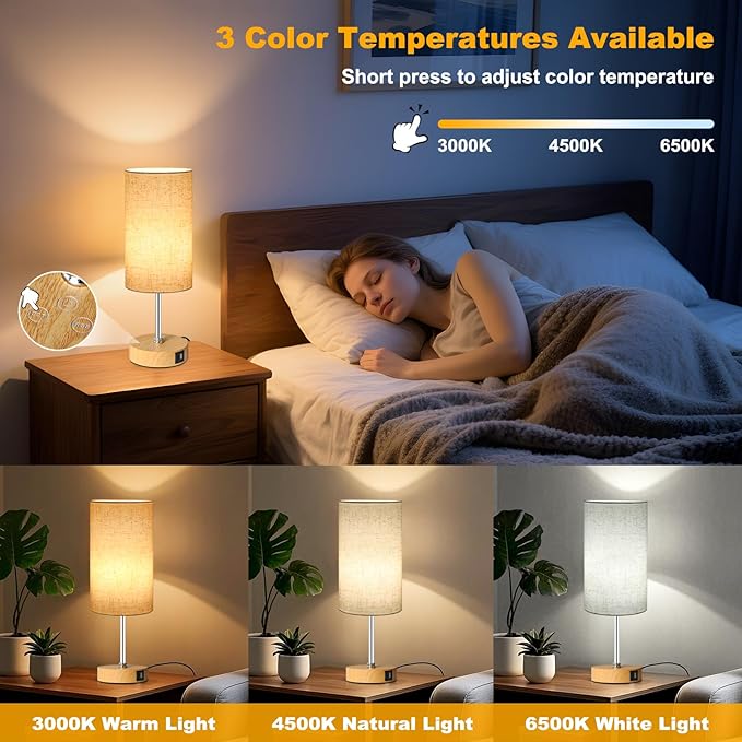 Unicozin Small Table Lamp, 3CCT & 7 RGB Color Changing, Dimmable Nightstand Lamp with Wood Grain Base, Touch Bedsides Lamp for Bedroom, Office, Kids Room, Nursery, Party, Beige Shade