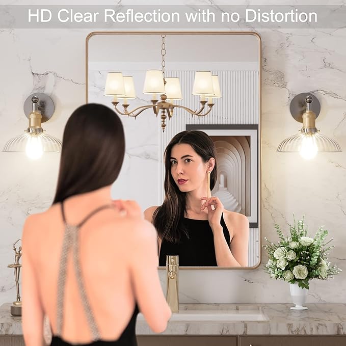 LOAAO 22”X30” Gold Bathroom Mirror, Rounded Rectangle Gold Frame Mirror