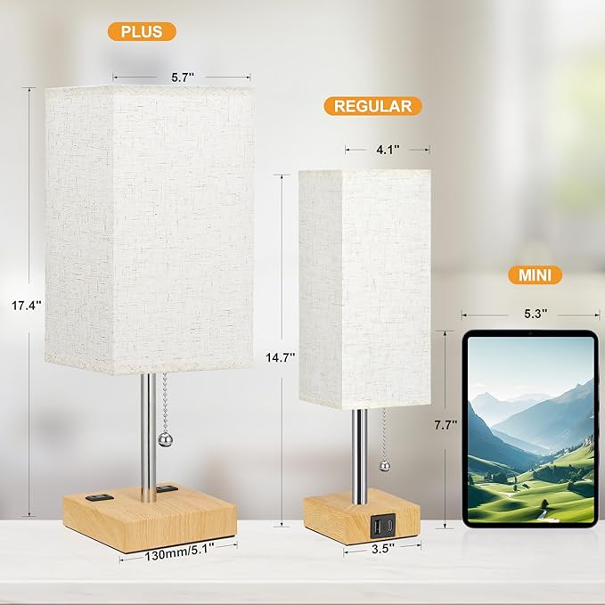 aooshine Wood Grain Small Table Lamp for Bedroom - 3 Color Temperature 3000K 5000K 4000K Bedside Lamp, Pull Chain Control, USB A and C Ports, Bulb Included