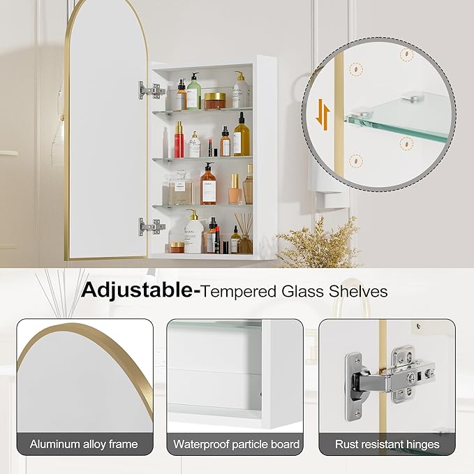 Arched Medicine Cabinet with Mirror, Brushed Gold Medicine Cabinet with Storage