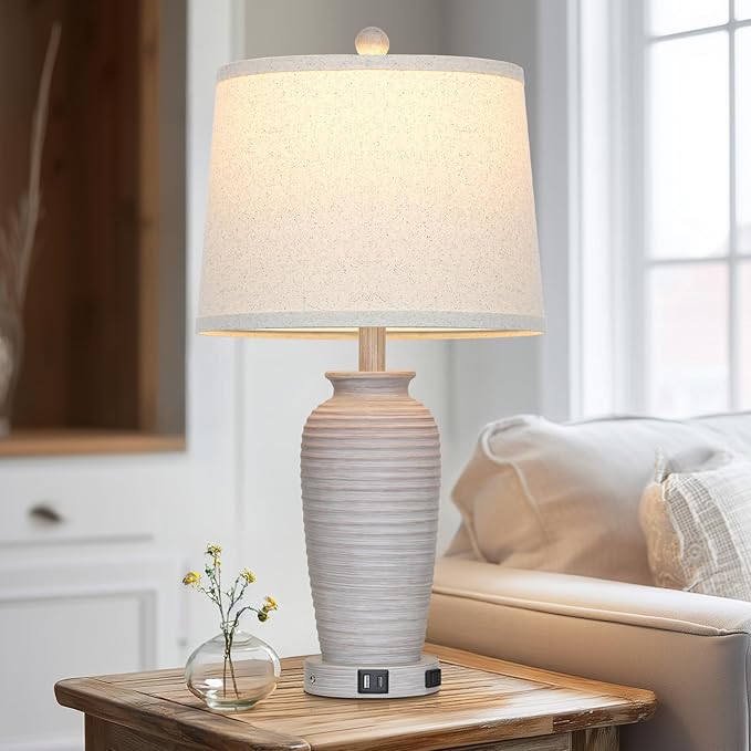 25" Vintage Farmhouse Jar Table Lamps, Single Rustic Bedside Lamp with USB A+C Ports & AC Outlet, Nightstand Lamps for Living Room, Bedroom, End Table, Grey White(LED Bulb Included)