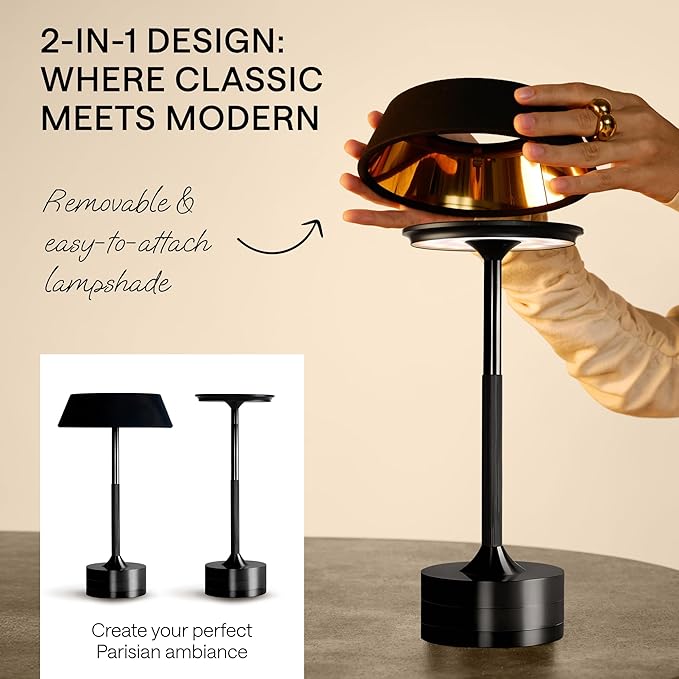 LED Cordless Table Lamp - Rechargeable Light for Home, Bedside, Kitchen - Small Dimmable Tap Lights - Battery Powered Touch Lamp for Desk Wireless - Black and Gold Lamp Shades, IP44, USB Type C Cable