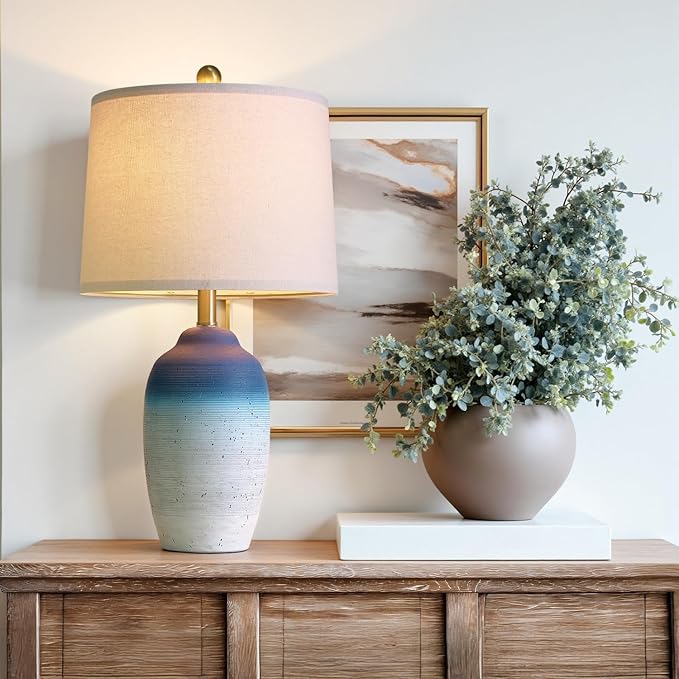 24.5" Vintage Ceramic Table Lamp - Single Farmhouse Rustic Bedside Lamp with Natural Textured Finish, Nightstand Lamps for Living Room, Bedroom, End Table, Office White and Blue