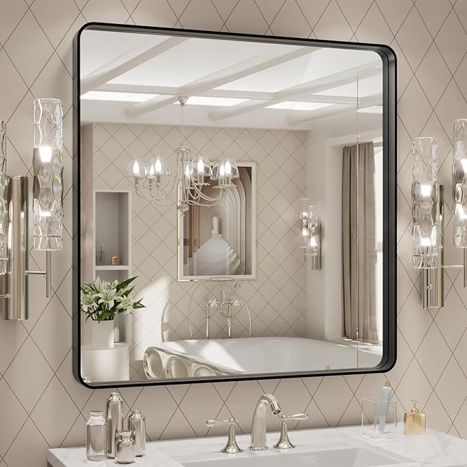 LOAAO 30x30 Inch Black Metal Framed Bathroom Mirror