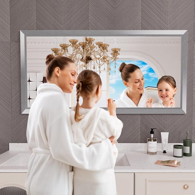 Amorho 60 X30 Inch Bathroom Mirror Silver, Thick Metal Framed Wall Mirrors