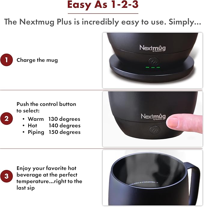 Nextmug Plus Temperature-Controlled, Self-Heating Mug – No App, Long-Lasting