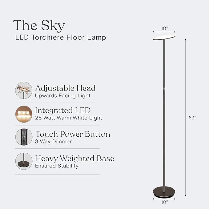 Brightech Sky LED Floor lamp, Torchiere Super Bright Floor Lamp for Living Rooms & Offices - Dimmable, Tall Standing Lamp for Bedroom Reading - Bronze