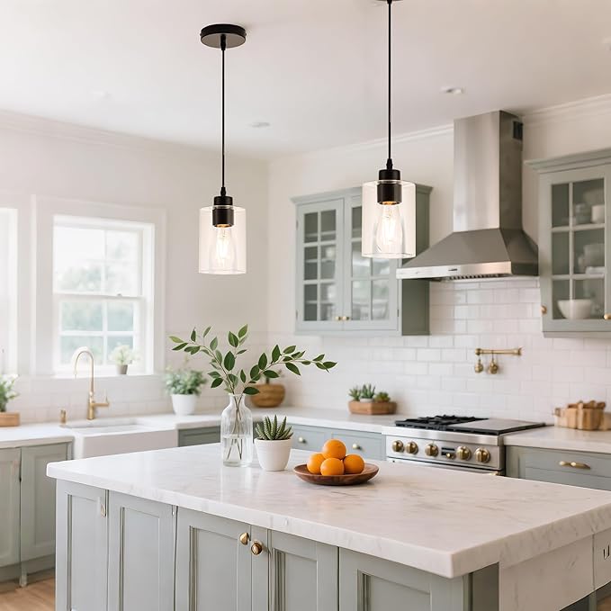 MAYNA 2 Pack Black Pendant Lights Kitchen Island, Mini Pendant Light Fixture with Clear Glass Shade, Adjustable Cord Industrial Farmhouse Hanging Ceiling Lamp for Dining Room, Sink, Bar(Bulb Included)