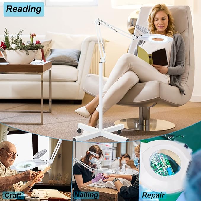 KIRKAS 10X Magniyfing Floor Lamp with 4 Wheel Rolling Base for Estheticians 2,200 Lumens LED Magnifier Lighted Glass Lens, Adjustable Stand & Swivel Arm Floor Lamp for Reading, Crafts, Tasks-White