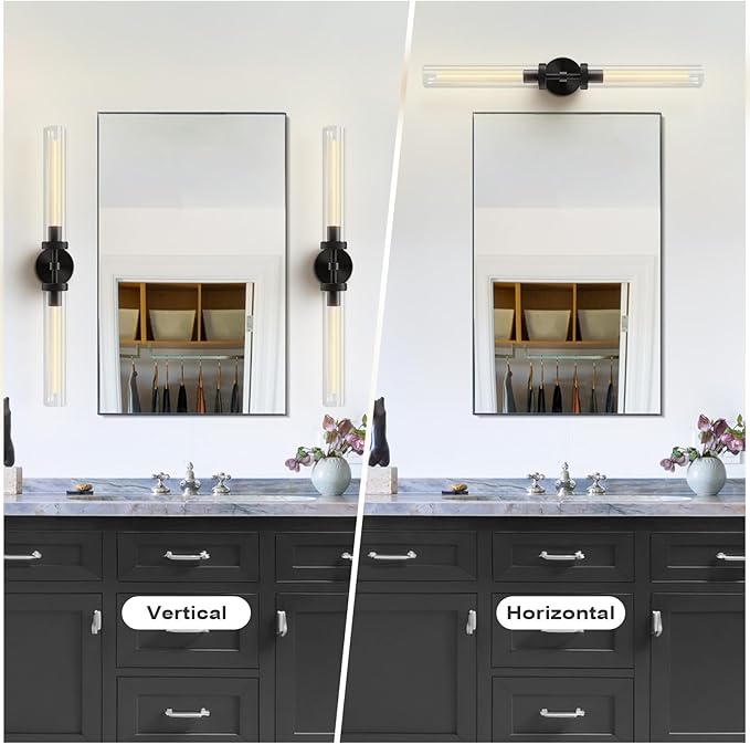 Brass Wall Sconces, 30in Black 2-Light Double Glass Sconces Wall Lighting, Bathroom Knurled Vanity Light Sconces, Wall Lights for Living Room Bedroom(Including Bulb)