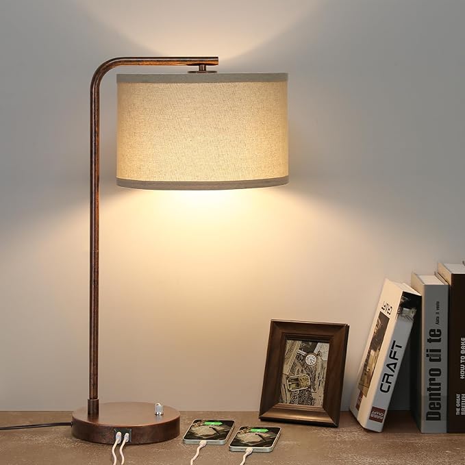 Vintage Table Lamp, Fully Dimmable Table Lamp with C+A USB Charging Ports, Farmhouse Bedside Lamp Nightstand Light, Tall Reading Desk Lamp for Living Room, Bedroom, Office, 9W LED Bulb Included