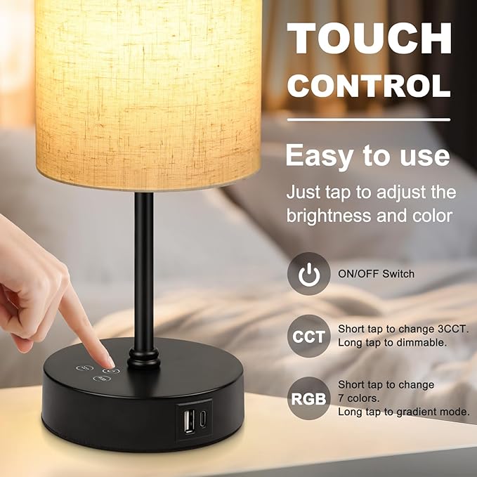Unicozin Table Lamp, 3 CCT 3000K/4500K/6500K & RGB Color Changing, Stepless Dimmable Small Bedside Lamp for Reading, Ambience Nightstand Light for Home Decor Party, Beige Shade