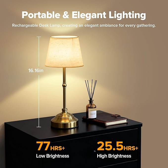 2 Pack Cordless Table Lamp, Rechargeable Desk Lamp with Fabric Shade, Battery Operated Lamp 3 Color Stepless Dimming, Small Touch Bedside Lamp Home Decor for Dining, Counter (Brushed Gold)