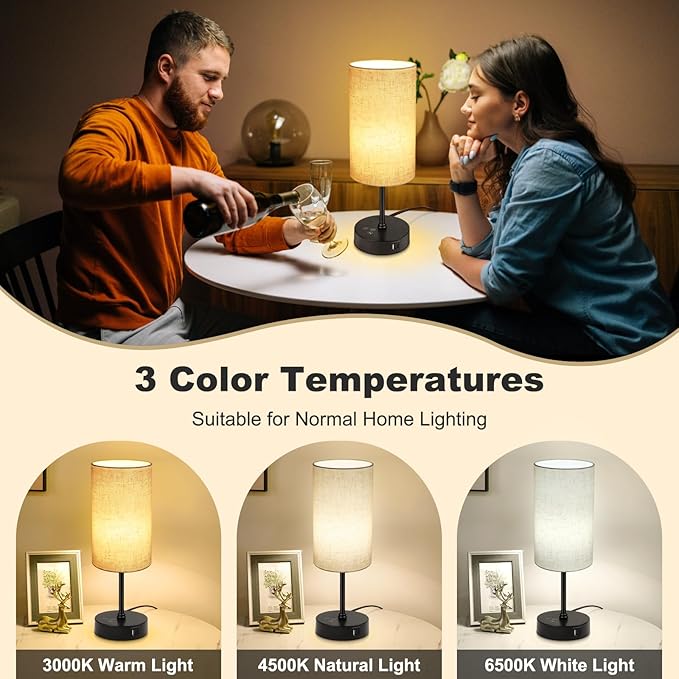 Unicozin Table Lamp Set of 2, 3 CCT 3000K/4500K/6500K & RGB Color Changing, Stepless Dimmable Small Bedside Lamp for Reading, Ambience Nightstand Light for Home Decor Party, Beige Shade