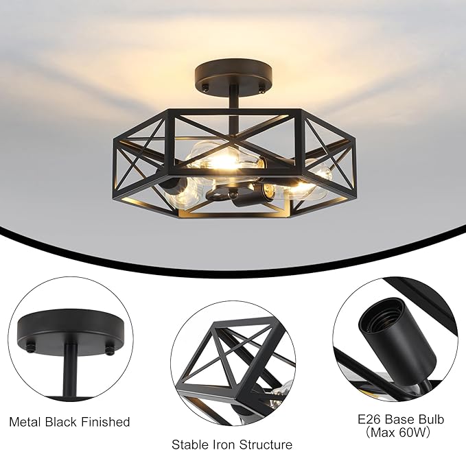 Black Semi Flush Mount Ceiling Light, Farmhouse Hallway Light Fixtures Ceiling Mount, 3 Light Industrial Close to Ceiling Lights with Metal Hexagon Cage for Kitchen, Hallway, Entryway, Bedroom
