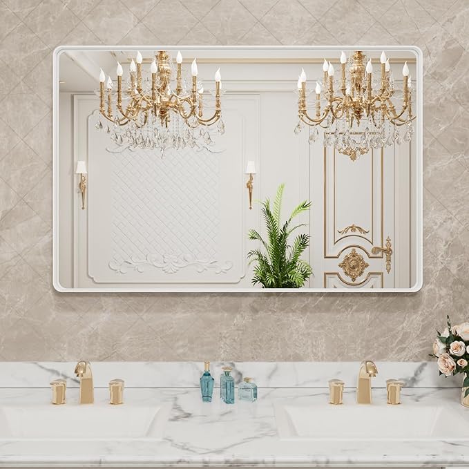 LOAAO 48x32 Inch White Metal Framed Bathroom Mirror