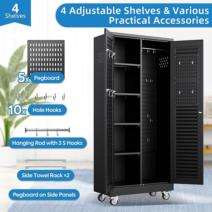 SUXXAN Broom Closet with Wheels 71"x 31.5"x15.75", Metal Cleaning Cabinets with