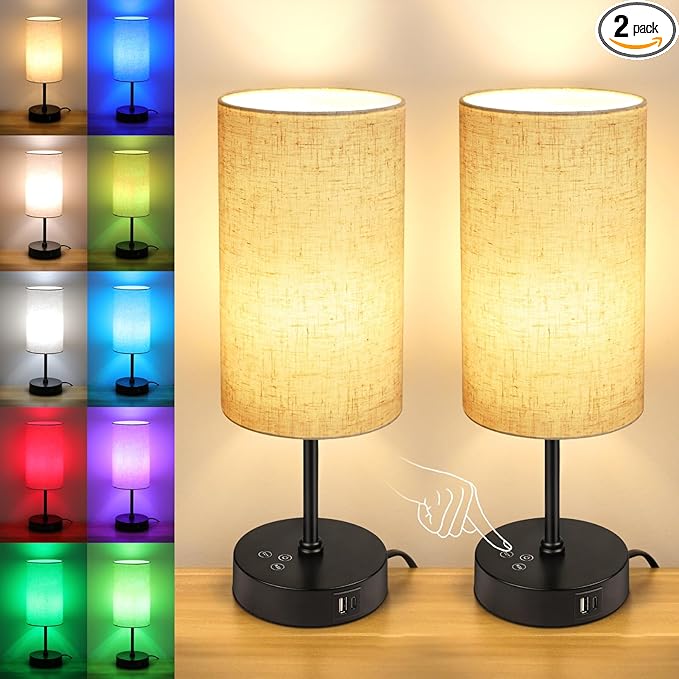 Unicozin Table Lamp Set of 2, 3 CCT 3000K/4500K/6500K & RGB Color Changing, Stepless Dimmable Small Bedside Lamp for Reading, Ambience Nightstand Light for Home Decor Party, Beige Shade