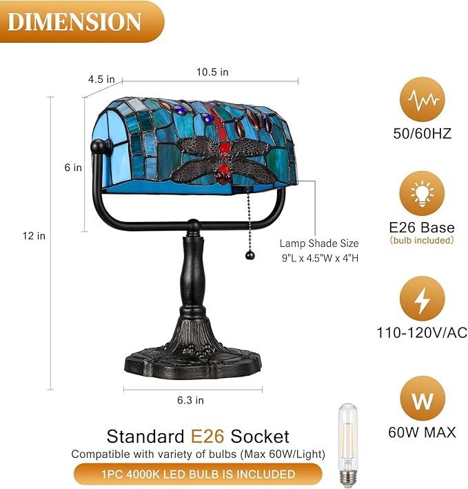 Vintage Tiffany Style Bankers Lamp - Stained Glass Desk Lamp with Pull Chain, Dragonfly Design Table or Desks Light LED Bulb Included, Bankers Desk Lamps for Office Living Room Study Room