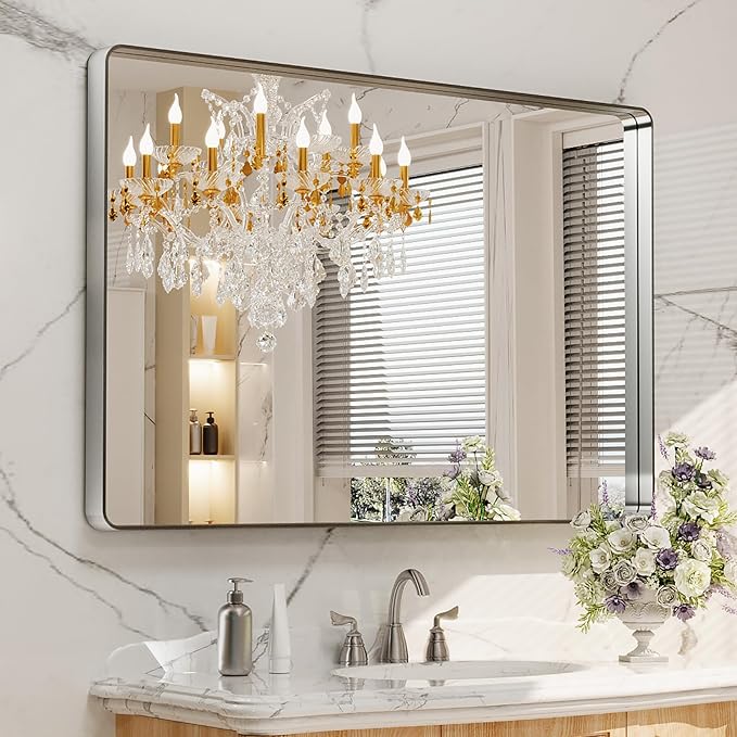 LOAAO 48X30 Inch Brushed Nickel Bathroom Mirror, Rounded Rectangle Silver Metal
