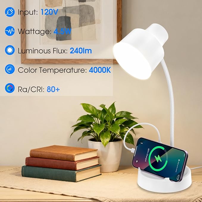 Energetic LED Desk Lamp with Phone Holder, Table Lamp with AC Outlet, Adjustable Flexible Gooseneck, 4000K, Eye-Care Reading Light for Bedroom, Study, Computer Desk, Living Room, Home Office, White
